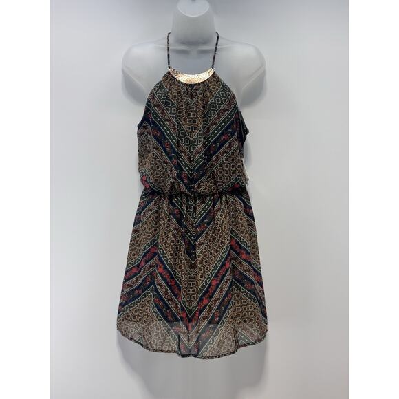 Love Reign Geometric Print Halter Spaghetti Strap Dress Green Red Women’s Size S - Picture 2 of 10